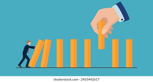 Geschäftsmann drückt den Dominoeffekt und eine andere Hand stoppt ihn. Konzeptionelle Vektorillustration.