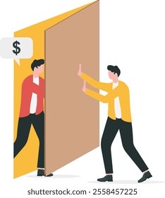 businessman pushing door to shut out hostile muscular man demanding for money. Vector illustration on personal finance and debt collection concept.
