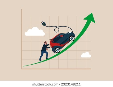 Businessman pushing electric car on rising up green stock market arrow graph. Electric car stock pice soaring. Flat vector illustration