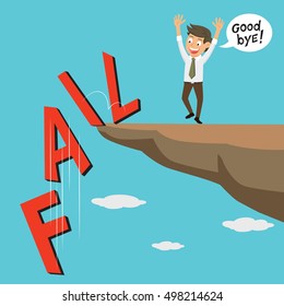 Businessman pushing fail word down on top of cliff, vector illustration cartoon