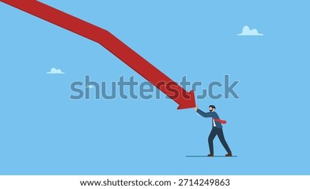 Businessman pushing falling down arrow with full effort. Resilience to survive investment crash, crisis or recession, pushing back or effort to win business challenge, economic recession.