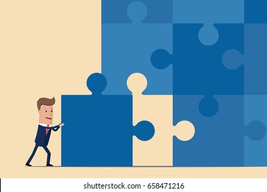 Businessman pushing the final piece of puzzle. Business concept. Vector illustration