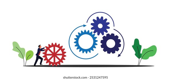 Empresário empurrando um detalhe de engrenagem para trabalhar mecanismo de engrenagem. Negócios, trabalho duro e determinação conceito de arte vetorial