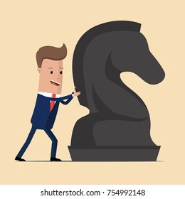 Businessman pushing a giant chess horse. Business strategy, strategic move concept. Vector illustration
