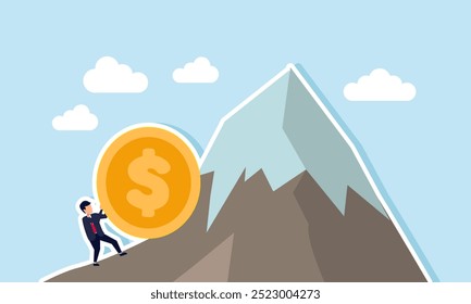 A businessman pushing a giant dollar coin to the mountain peak, an illustration of driving the dollar's valuation to reach an all time high