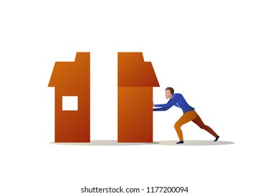 businessman pushing half house each other problem solution concept man building home compose two parts horizontal isolated flat full length vector illustration