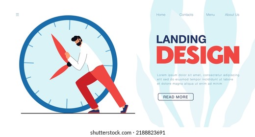 Businessman pushing hands of clock backward. Pressure of deadline and business tasks for late tiny man flat vector illustration. Time management concept for banner, website design or landing web