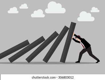 Businessman pushing hard against falling deck of domino tiles. Business Concept