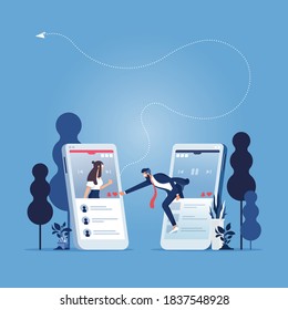 Businessman pushing heart icon on screen in smartphone application. Friend, follower
