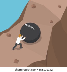 Businessman pushing heavy ball with business word to uphill, The hard way to success concept