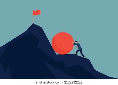 Businessman Pushing The Heavy Ball To The Mountain Peak.