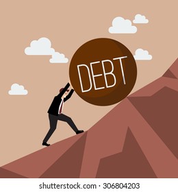 Businessman pushing heavy debt uphill. Business concept