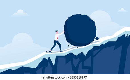 Businessman pushing heavy stone uphill vector illustration. Business problem crisis symbol.