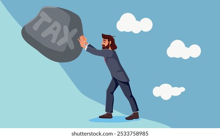 
Businessman Pushing Heavy Taxes Vector Cartoon Illustration. Man feeling oppressed with tax payment for his labor 
