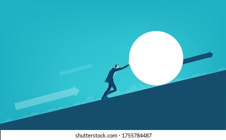 Businessman pushing up the hill big ball, working alone, solving the problem, pushing new business, start up forward 