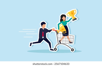 A businessman pushing his businesswoman partner standing on a shopping cart holding a trophy, illustration of accelerating business collaboration to become a leading company