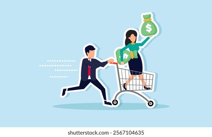 A businessman pushing his businesswoman partner standing on a shopping cart carrying a sack of money, illustration of accelerating business collaboration to take profit