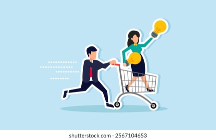 A businessman pushing his businesswoman partner standing on a shopping cart carrying a lamp, illustration of accelerating business collaboration based on ideas, and innovation