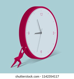 Businessman pushing huge clock. The background is blue.