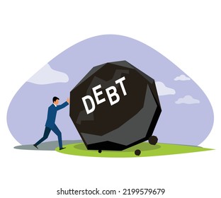 Businessman Pushing Huge Debt Rock, Business Crisis Hardship Burden Concept.