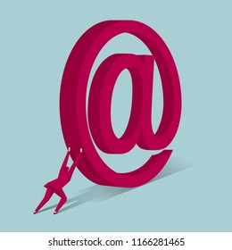 Businessman pushing huge email symbol.The background is blue.
