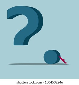 The businessman pushing huge question mark. Isolated on blue background.