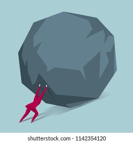Businessman pushing huge stone. Business problem crisis hardship and burden concept.