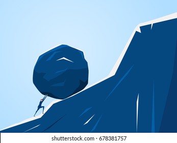 Businessman pushing huge stone up the hill. Business problem crisis hardship and burden concept. Cartoon Vector Illustration.