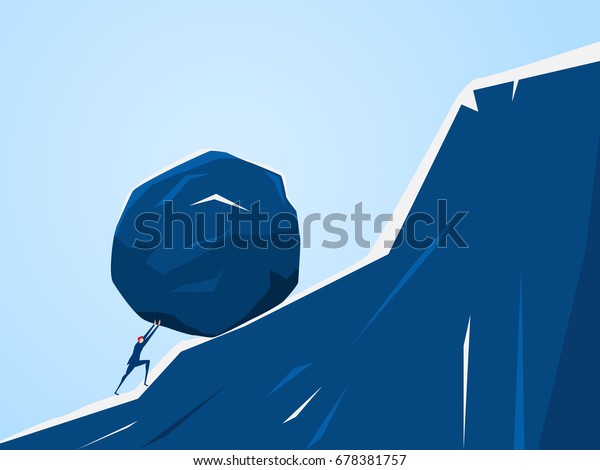 Businessman pushing huge stone up the hill.\
Business problem crisis hardship and burden concept. Cartoon Vector\
Illustration.