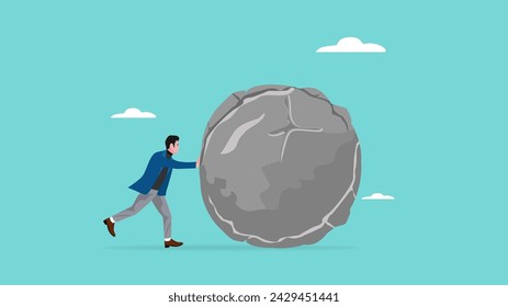 Businessman pushing huge stone illustration, effort to achieve business goals or target, Obstacles and challenge at work, business heavy tasks and problems concept vector illustration