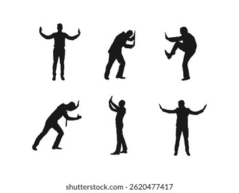 Businessman Pushing Invisible Wall silhouette set. People pushing a pose silhouette. People pushing pose silhouette, Male pushing pose silhouette.