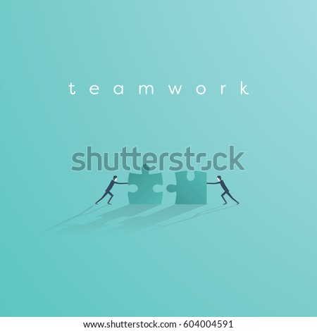 Businessman pushing jigsaw puzzle to complete it. Business teamwork concept vector symbol. Idea of cooperation and collaboration. Eps10 vector illustration.
