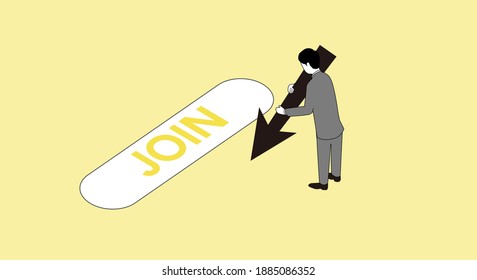 businessman pushing join button,with cursor,vector illustration,blue background