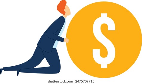 Businessman pushing large coin symbolizing financial effort. Midadult office worker exerting strength move money sign concept. Corporate struggle economic challenge flat design