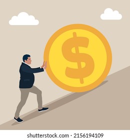 Businessman pushing large golden coin. Businessman with big gold coin with dollar sign. Growth, income, savings, investment. Symbol of wealth. Business success. Vector illustration in flat style.