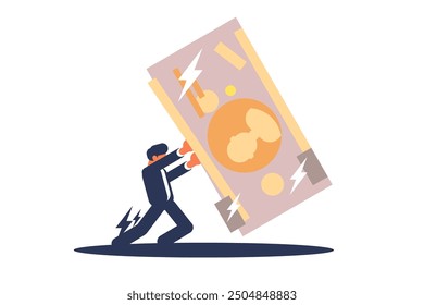 Businessman Pushing Large Money Illustration. Vector illustration of financial struggle, effort, and determination.