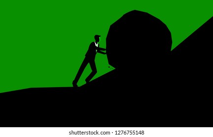 businessman pushing large stone uphill