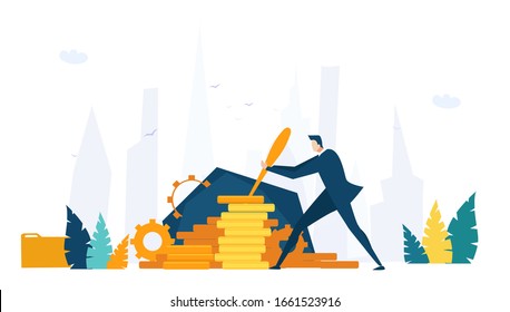 Businessman pushing lever arm and making mechanism with gears working. Business concept illustration