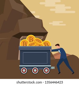 businessman pushing mining cart full of cryptocurrency