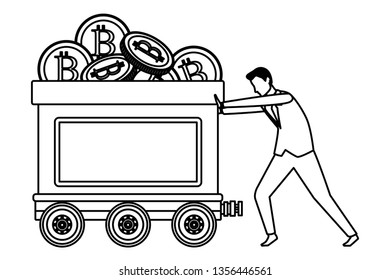 businessman pushing mining cart full of cryptocurrency black and white