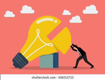 Businessman pushing missing piece in big lightbulb. Business concept