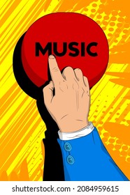 Empresario presionando el botón de texto de Música con su dedo índice. Estilo de libro de historietas escuchando el concepto de música.