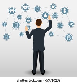 Businessman pushing on Business icons connection, for Business management Concept - Vector Illustration
