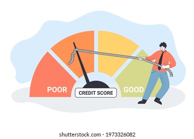 Businessman pushing performance speedometer from poor to good. Tiny character with customer satisfaction gauge flat vector illustration. Credit score, business concept for banner, website design