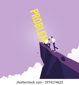 Businessman pushing problem wording fall down the cliff symbol of career growth and problem solution concept