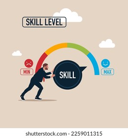 Businessman pushing progress bar up to maximum position. Increasing Skills Level. Flat vector illustration