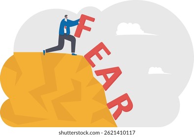 Businessman pushing red fear word problem down the cliff, vector illustration cartoon

