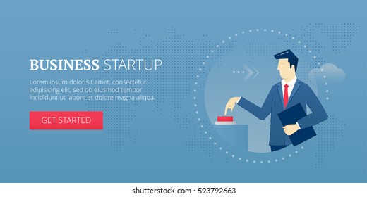 Businessman pushing a red start button and launching a business startup. Vector illustration of project launch. Banner template of business metaphor 