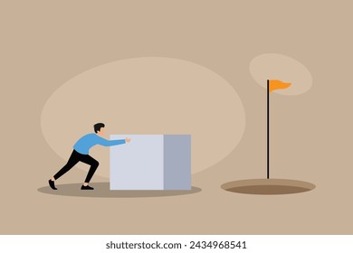 businessman pushing the rock on the route to goal flat vector illustration