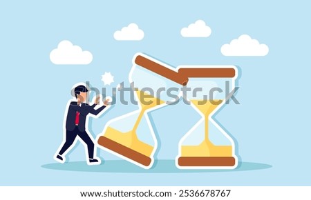 A businessman pushing a row of hourglasses, causing them to fall onto others, illustration of poor time management leading to overlapping project completion times